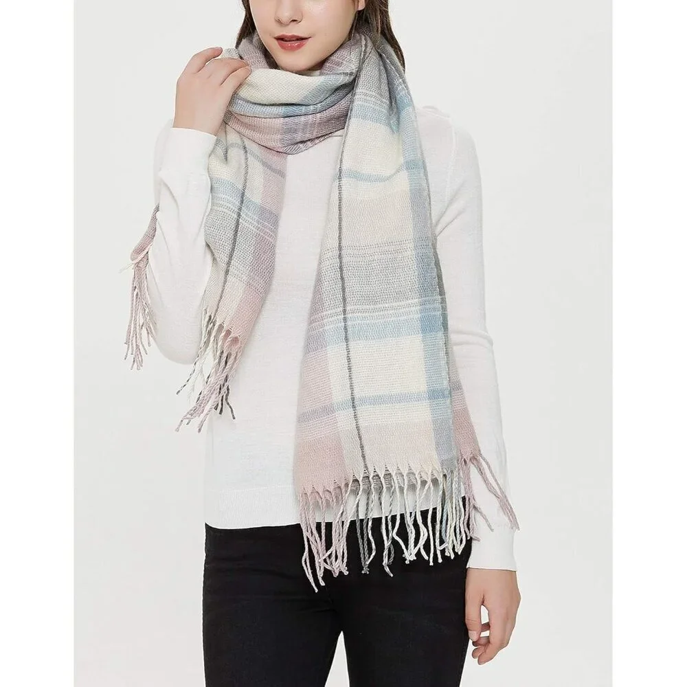 Women's Pink Grey Fashion Long Shawl Big Grid Winter Warm Lattice Large Scarf